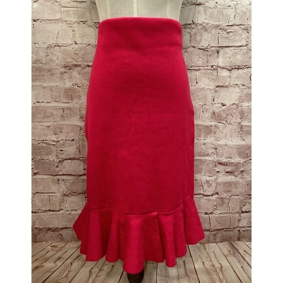 Express Womens M Ribbed Knit Flounce Hem Skirt Hot Pink Knee Length Pull On NEW - Picture 2 of 3